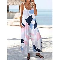 Women's Jumpsuit Pocket Print Floral V Neck Holiday Daily Holiday Straight Loose Fit Spaghetti Strap Light Green Blue Green S M L Summer Lightinthebox