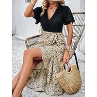 Women's Casual Dress Sheath Dress Leaf Polka Dot Patchwork Tie Knot V Neck Midi Dress Elegant Vintage Work Street Short Sleeve Regular Fit Wine Green Apricot Summer Spring S M L XL Lightinthebox