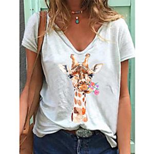 Women's T shirt Floral Flower Animal Print V Neck Basic Tops Cotton White miniinthebox