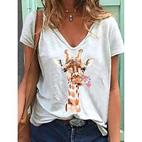 Women's T shirt Floral Flower Animal Print V Neck Basic Tops Cotton White miniinthebox - thumbnail