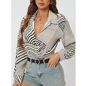 Women's Shirt Blouse Striped Casual Holiday Gray Print Button Long Sleeve Fashion Shirt Collar Regular Fit Spring   Fall Lightinthebox