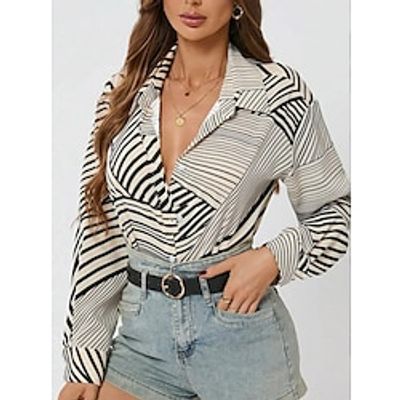 Women's Shirt Blouse Striped Casual Holiday Gray Print Button Long Sleeve Fashion Shirt Collar Regular Fit Spring   Fall Lightinthebox