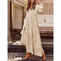Women's Casual Dress Cotton Linen Dress Swing Dress Maxi long Dress Linen Cotton Blend Basic Modern Daily Weekend V Neck Ruffle Pocket Long Sleeve Summer Spring 2023 Regular Fit Black Yellow Wine Lightinthebox