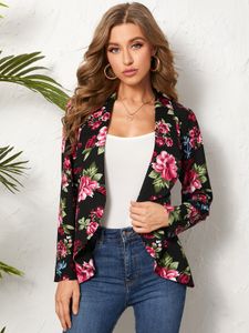 YOINS Black Random Floral Print Shawl Collar Blazer