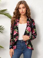 YOINS Black Random Floral Print Shawl Collar Blazer - thumbnail