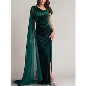 A-Line Evening Gown Elegant Dress Formal Court Train Sleeveless V Neck Velvet with Ruched Slit 2023 Lightinthebox