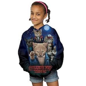 Kids Girls' Hoodie Stranger Things Long Sleeve 3D Print Cat Letter Animal Pocket Navy Blue Children Tops Fall Winter Fashion Streetwear Adorable Daily Indoor Outdoor Regular Fit 3-13 Years Lightinthebox