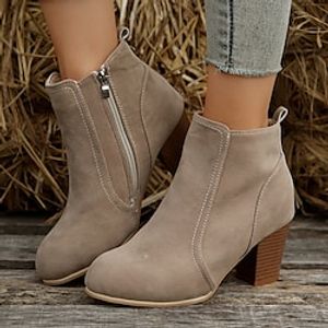 Women's Boots Booties Ankle Boots Heel Boots Office Work Daily Booties Ankle Boots Winter Chunky Heel Round Toe Closed Toe Fashion Classic Suede Zipper Solid Color Apricot miniinthebox