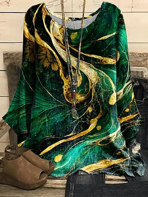 Round Neck Casual Loose Bronzing Printed Long-sleeved Blouse Round Neck Casual Loose Bronzing Printed Long-sleeved Blouse