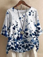 Round Neck Casual Loose Botanical Print Short Sleeve Blouse