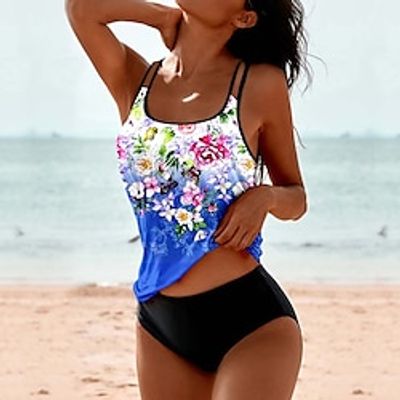 Women's Swimwear Tankini 2 Piece Normal Swimsuit 2 Piece Printing Floral Pink Royal Blue Blue Bathing Suits Sports Beach Wear Summer Lightinthebox