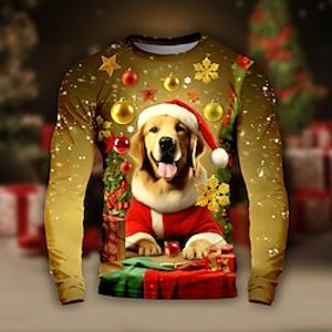 Graphic Dog Merry Christmas Puppy Christmas Hat Daily Outdoor Casual Men's 3D Print Party Casual Holiday Christmas T shirt Brown Long Sleeve Crew Neck Shirt Spring   Fall Clothing Apparel Normal S M Lightinthebox