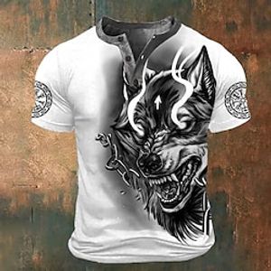 Graphic Wolf Fashion Retro Vintage Classic Men's 3D Print T shirt Tee Henley Shirt Sports Outdoor Holiday Going out T shirt White Red Brown Short Sleeve Henley Shirt Spring  Summer Clothing Apparel Lightinthebox