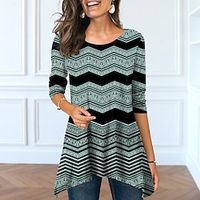 Women's T shirt Tee Green Blue Purple Striped Flowing tunic Print Long Sleeve Casual Weekend Basic Round Neck Long Geometric Painting S Lightinthebox - thumbnail