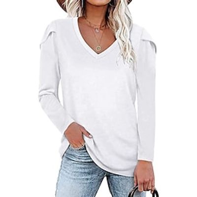 Women's Shirt Blouse Cotton Plain Black White Blue Long Sleeve Casual Fashion V Neck Regular Fit Spring   Fall Lightinthebox
