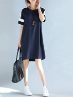 Casual Women Patchwork Short Sleeve O-Neck Loose Dress