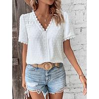 Women's Shirt Blouse Plain Daily Lace White Short Sleeve Casual V Neck Summer Lightinthebox