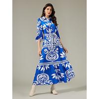 Satin Floral Swing Knotted Belted Maxi Dress - thumbnail