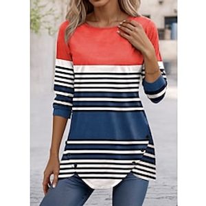 Women's T shirt Tee Striped Yellow Red Blue Print Button Long Sleeve Daily Weekend Fashion Round Neck Regular Fit Spring   Fall Lightinthebox