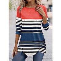 Women's T shirt Tee Striped Yellow Red Blue Print Button Long Sleeve Daily Weekend Fashion Round Neck Regular Fit Spring   Fall Lightinthebox - thumbnail