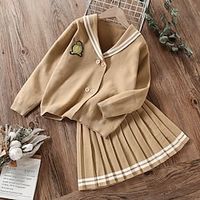 2 Pieces Kids Girls' Back to School Clothing Set Outfit Solid Color Long Sleeve Pleated Cotton Set School Preppy Style Sweet Winter Fall 3-12 Years Khaki Lightinthebox - thumbnail