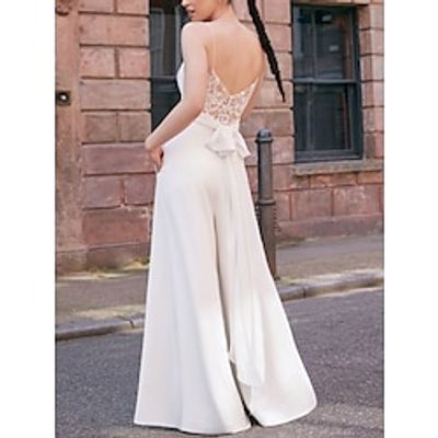Casual Wedding Dresses Jumpsuits Camisole Sleeveless Floor Length Chiffon Bridal Gowns With Bow(s) Pleats 2023 Lightinthebox