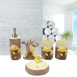 5Pcs 3D Magnolia Scalpture Bathroom Accessories Soap Holder Toothbrush Cup Sets