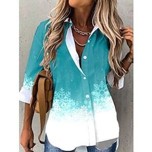 Women's Blouse Shirt Button Print Christmas Christmas Tree Snowflake Streetwear Casual Shirt Collar Green Blue Pink Red / Long Sleeve miniinthebox