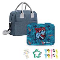 Eazy Kids 6 & 4 Convertible Bento Lunch Box With Lunch Bag And Sandwich Cutter Set - Trex Blue