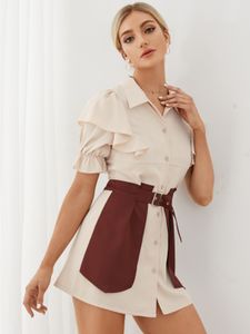 YOINS Khaki Patchwork Button Front Ruffle sleeves Mini Dress