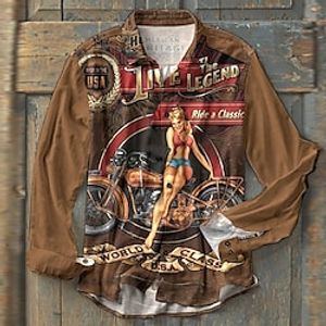 Men's Shirt Letter Graphic Prints Motorcycle Turndown Khaki 3D Print Outdoor Street Long Sleeve Button-Down Print Clothing Apparel Fashion Designer Casual Soft miniinthebox