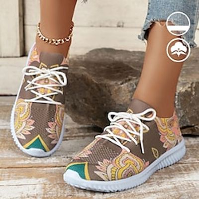 Women's Ethnic Flower Totem Graphic Print Khaki Lightweight and Comfortable Lace-Up Fly-knit Sneakers Lightinthebox