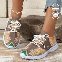 Women's Ethnic Flower Totem Graphic Print Khaki Lightweight and Comfortable Lace-Up Fly-knit Sneakers Lightinthebox - thumbnail