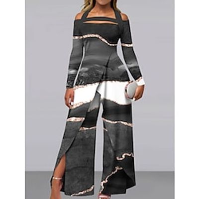 Women's Jumpsuit Print Marbling Off Shoulder Elegant Party Holiday Wide Leg Regular Fit Long Sleeve Black White Purple S M L All Seasons Lightinthebox