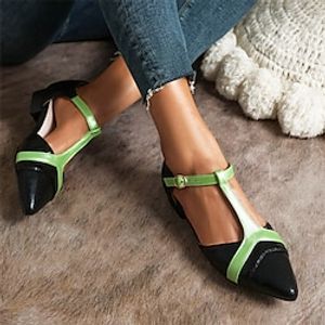 Women's Sandals Flats Oxfords Mary Jane Daily Buckle Block Heel Pointed Toe Casual Walking PU T-Strap Color Block Black Lightinthebox