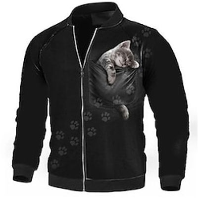 Cat Casual Men's Bomber Jacket Coat Sports  Outdoor Daily Wear Going out Fall  Winter Standing Collar Long Sleeve Black S M L Polyester Jacket Lightinthebox