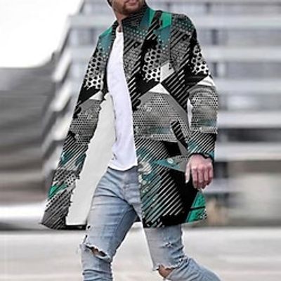 Tribal Geometry Bandana Print Vintage Business Abstract Men's Coat Work Wear to work Going out Fall  Winter Stand Collar Long Sleeve Brown Gray M L XL Polyester Jacket Lightinthebox