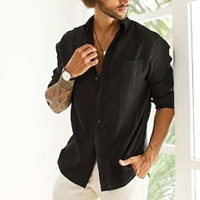 Men's Shirt Linen Shirt Button Up Shirt Beach Shirt Black Long Sleeve Plain Lapel Spring   Fall Casual Daily Clothing Apparel Front Pocket Lightinthebox