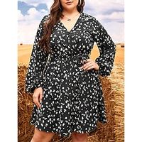 Women's Plus Size Curve Work Dress Black Dress Semi Formal Dress Fashion Midi Dress Print V Neck Long Sleeve Polka Dot Regular Fit Black Fall Winter L XL XXL 3XL 4XL Lightinthebox - thumbnail