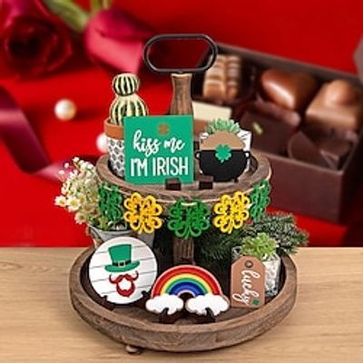 St. Patrick's Day Lucky Clover Decoration - Wooden Tiered Tray Decor for Bedroom Desktop, Featuring Yellow and Green Shamrock Accents Lightinthebox