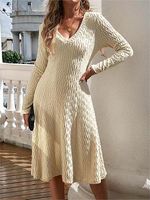 Women's Elegant V-neck Long-sleeved Knitted Dress