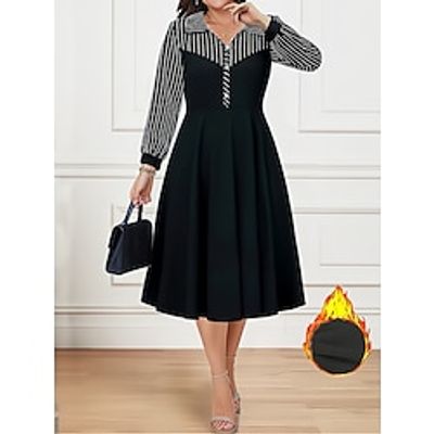 Women's Black Dress Plus Size Curve Winter Dress Work Dress Stripe Midi Dress Long Sleeve Patchwork Button Shirt Collar Fashion Outdoor Black Fall Winter 3XL 4XL Lightinthebox