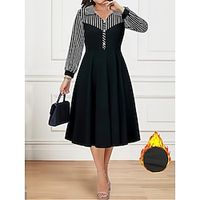 Women's Black Dress Plus Size Curve Winter Dress Work Dress Stripe Midi Dress Long Sleeve Patchwork Button Shirt Collar Fashion Outdoor Black Fall Winter 3XL 4XL Lightinthebox - thumbnail