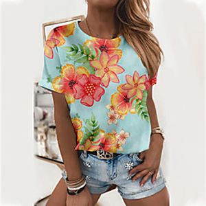 Women's Floral Theme Painting T shirt Floral Flower Print Round Neck Basic Tops Purple Light Green Lightinthebox