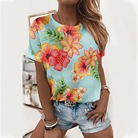Women's Floral Theme Painting T shirt Floral Flower Print Round Neck Basic Tops Purple Light Green Lightinthebox - thumbnail