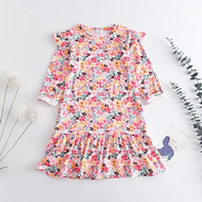 Kids Little Girls' Dress Flower School Print Blushing Pink Knee-length Long Sleeve Cute Sweet Dresses Autumn  Fall Spring Slim 2-6 Years Lightinthebox