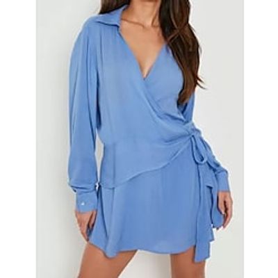 Women's A Line Dress Short Mini Dress Blue Long Sleeve Solid Color Layered Ruched Spring Summer Shirt Collar Casual Modern 2022 S M L XL 2XL 3XL Lightinthebox