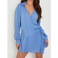 Women's A Line Dress Short Mini Dress Blue Long Sleeve Solid Color Layered Ruched Spring Summer Shirt Collar Casual Modern 2022 S M L XL 2XL 3XL Lightinthebox - thumbnail