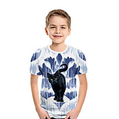 Kids Boys' T shirt Tee Short Sleeve Cat 3D Print Animal Blue Children Tops Summer Active Daily Wear Regular Fit 3-12 Years Lightinthebox