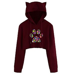 Women's Hoodie Cropped Hoddie Floral Cat Graphic Crop Top Cat Ear Daily Basic Casual Hoodies Sweatshirts  Wine Black Navy Blue miniinthebox